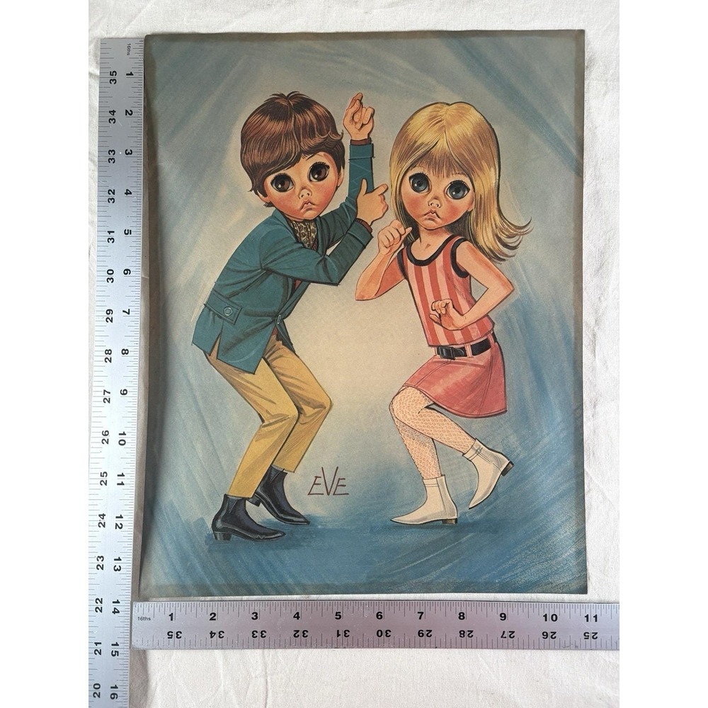 Big Eyes by Eve 1960's Litho SET OF 4 Prints 11"X14" Art Boy Girl Guitar Records - Picture 2 of 15